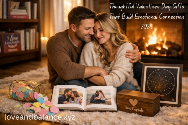 Cozy couple embracing surrounded by meaningful Valentine's Day gifts including custom love story book, handwritten love notes jar, wooden time capsule box, and framed constellation map, warm candlelit living room setting